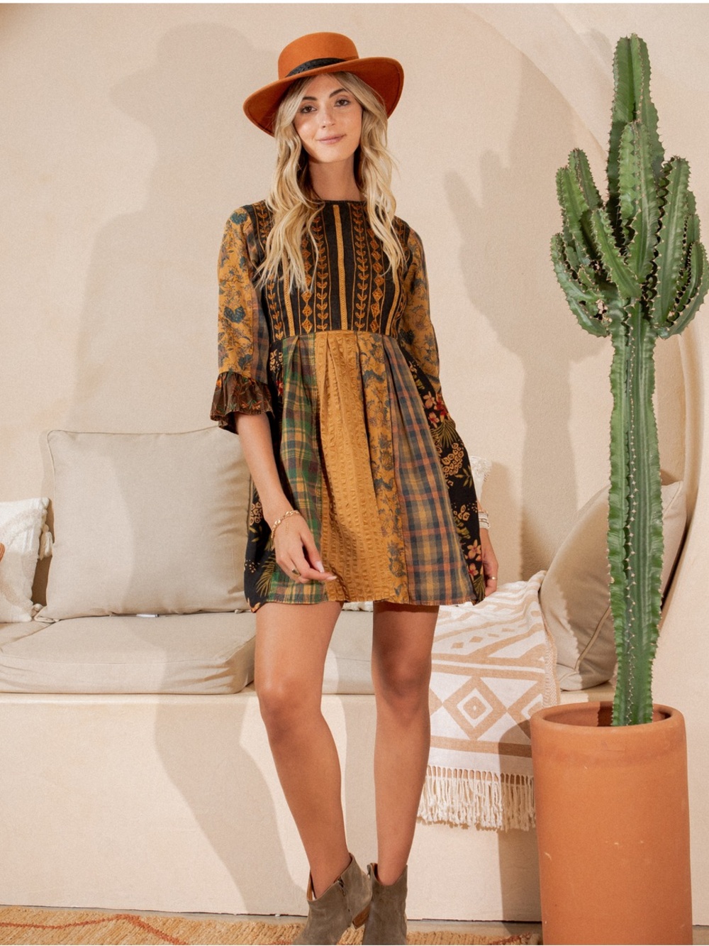 Young Threads Rustic Bohemian Patchwork Mini Dress NWT M